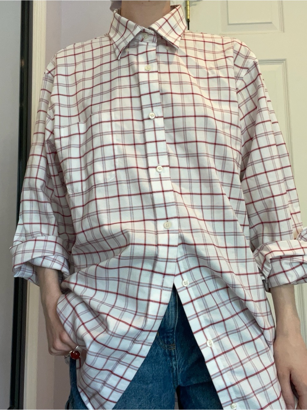 Land’s End Supima Cotton White Plaid Men’s Button-Up
